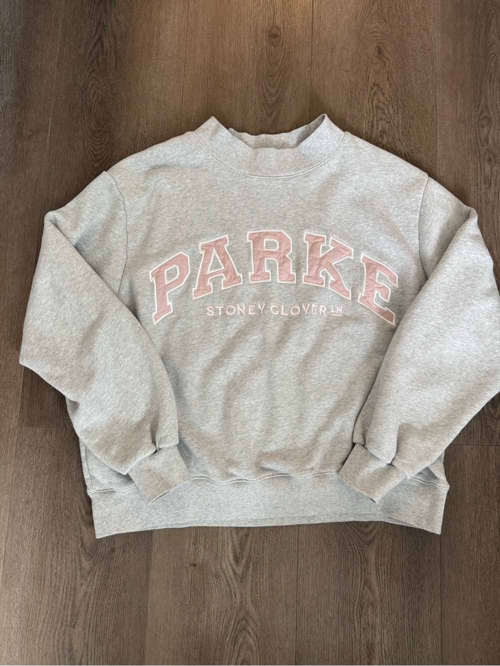 Parke Light Gray Crewneck Sweatshirt with Pink Lettering